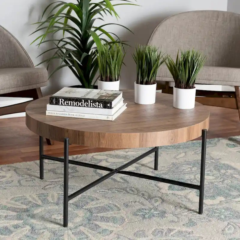 Table basse industrielle ronde noyer brun et noir avec base en métal entrecroisé – Unique