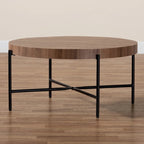 Table basse industrielle ronde noyer brun et noir avec base en métal entrecroisé – Unique