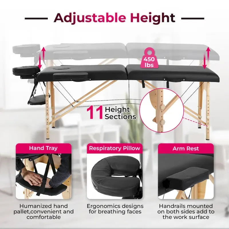 Table de massage pliable portative noire avec hauteur et accoudoirs réglables – Simple