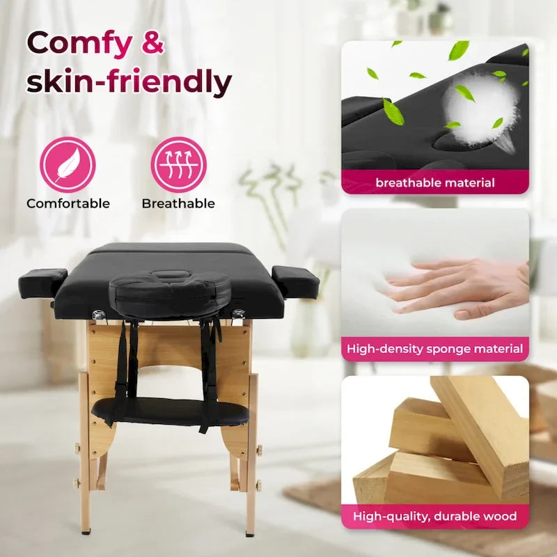 Table de massage pliable portative noire avec hauteur et accoudoirs réglables – Simple