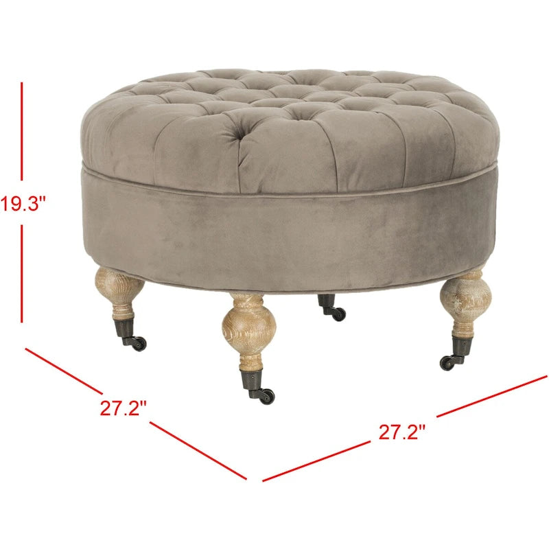 Mushroom / Marine / Taupe / Ottoman rond touffeté en lin granit avec roulettes et cadre en bois massif – Individuel