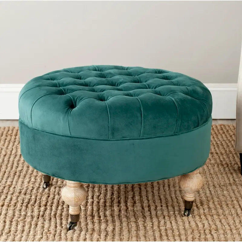Mushroom / Marine / Taupe / Ottoman rond touffeté en lin granit avec roulettes et cadre en bois massif – Individuel