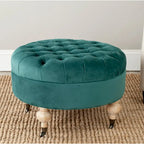 Mushroom / Marine / Taupe / Ottoman rond touffeté en lin granit avec roulettes et cadre en bois massif – Individuel