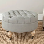 Mushroom / Marine / Taupe / Ottoman rond touffeté en lin granit avec roulettes et cadre en bois massif – Individuel