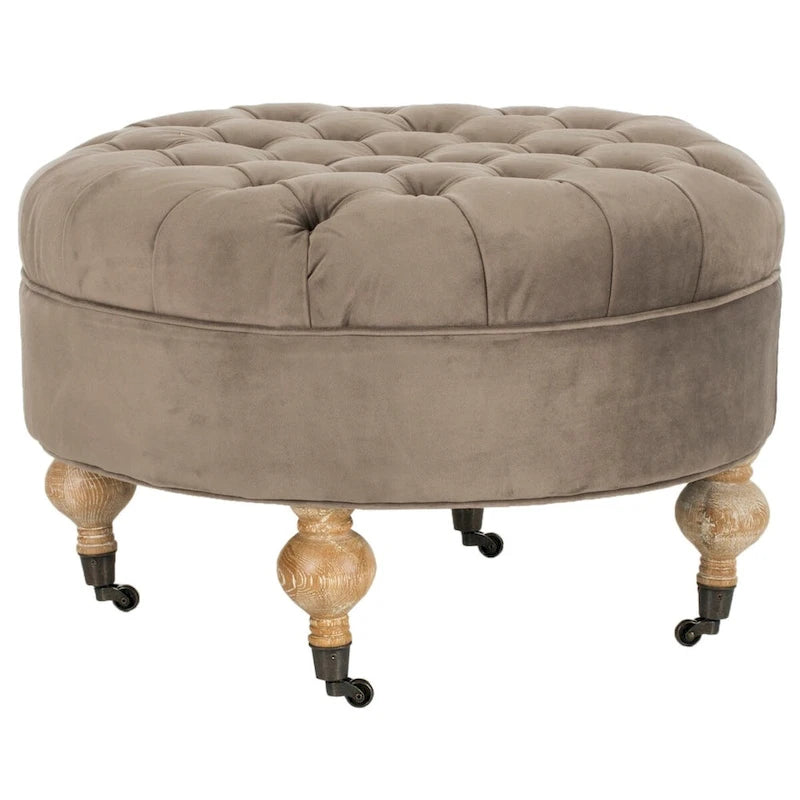 Mushroom / Marine / Taupe / Ottoman rond touffeté en lin granit avec roulettes et cadre en bois massif – Individuel