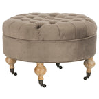 Mushroom / Marine / Taupe / Ottoman rond touffeté en lin granit avec roulettes et cadre en bois massif – Individuel