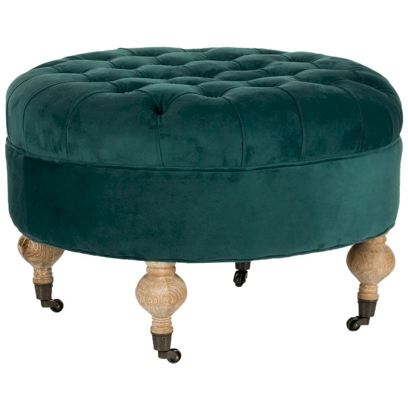 Mushroom / Marine / Taupe / Ottoman rond touffeté en lin granit avec roulettes et cadre en bois massif – Individuel