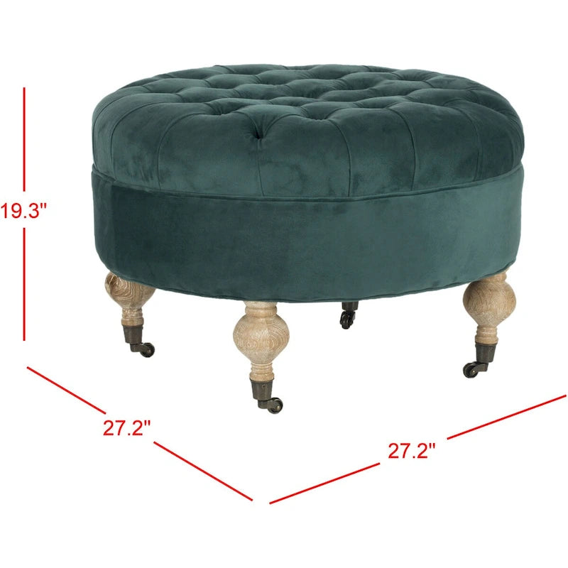 Mushroom / Marine / Taupe / Ottoman rond touffeté en lin granit avec roulettes et cadre en bois massif – Individuel