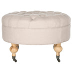Mushroom / Marine / Taupe / Ottoman rond touffeté en lin granit avec roulettes et cadre en bois massif – Individuel