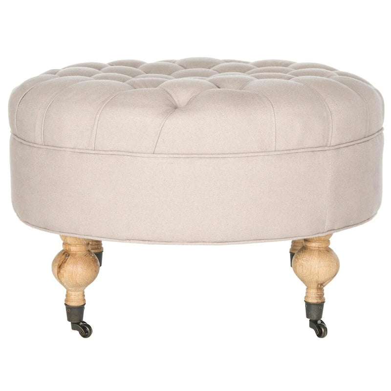 Mushroom / Marine / Taupe / Ottoman rond touffeté en lin granit avec roulettes et cadre en bois massif – Individuel