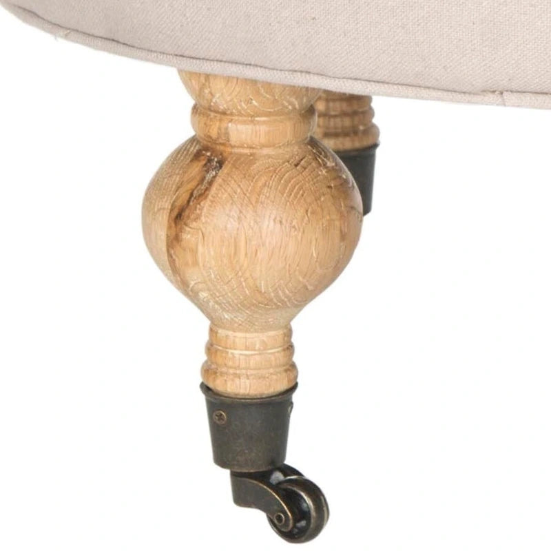 Mushroom / Marine / Taupe / Ottoman rond touffeté en lin granit avec roulettes et cadre en bois massif – Individuel