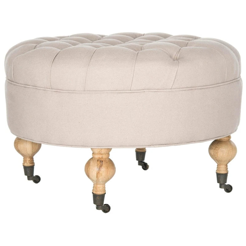 Mushroom / Marine / Taupe / Ottoman rond touffeté en lin granit avec roulettes et cadre en bois massif – Individuel