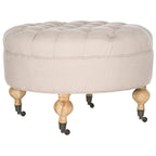 Mushroom / Marine / Taupe / Ottoman rond touffeté en lin granit avec roulettes et cadre en bois massif – Individuel