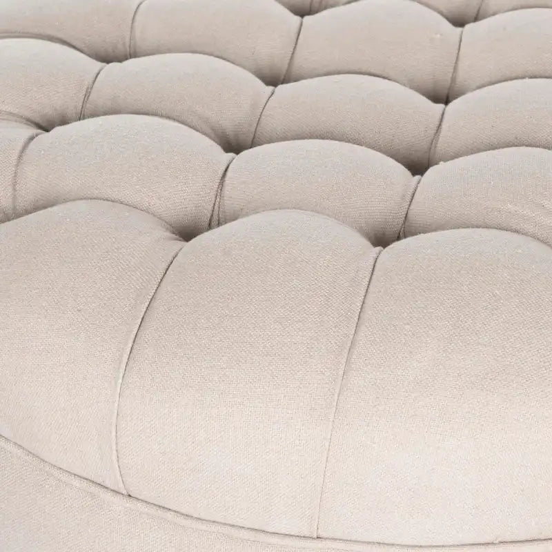 Mushroom / Marine / Taupe / Ottoman rond touffeté en lin granit avec roulettes et cadre en bois massif – Individuel