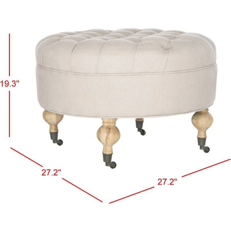 Mushroom / Marine / Taupe / Ottoman rond touffeté en lin granit avec roulettes et cadre en bois massif – Individuel
