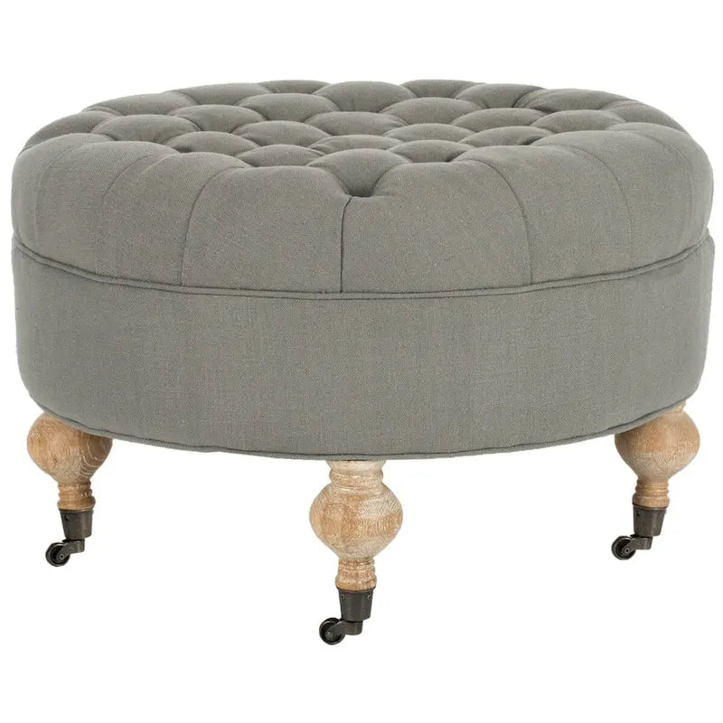 Mushroom / Marine / Taupe / Ottoman rond touffeté en lin granit avec roulettes et cadre en bois massif – Individuel
