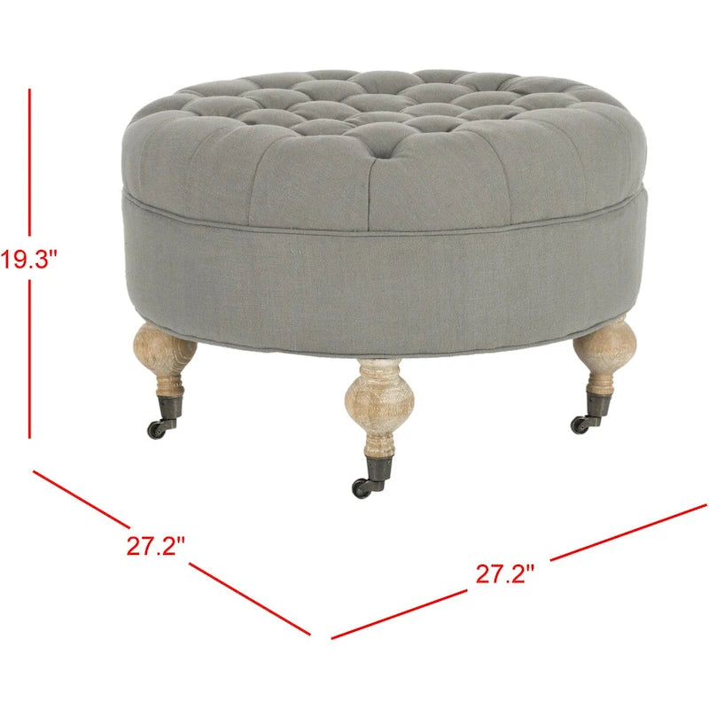 Mushroom / Marine / Taupe / Ottoman rond touffeté en lin granit avec roulettes et cadre en bois massif – Individuel