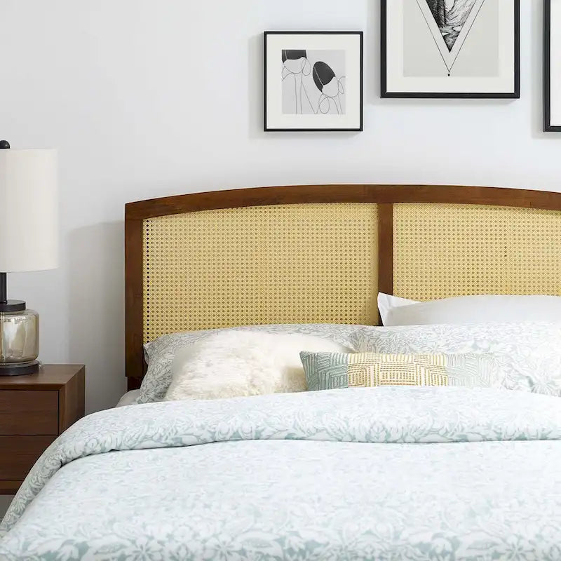 Tête de lit Queen en cannage arqué Noyer / Gris / Noir avec cadre en bois d'hévéa massif – Individuel
