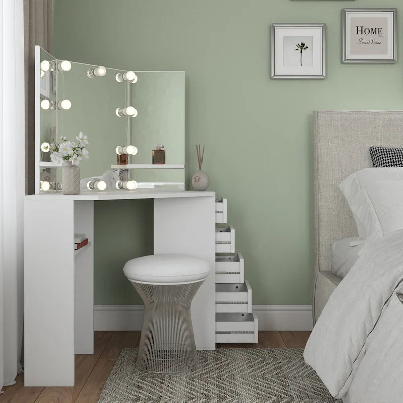 Coiffeuse d'angle en MDF blanc laqué avec 10 lumières LED, miroir 3 panneaux et 5 tiroirs – Simple