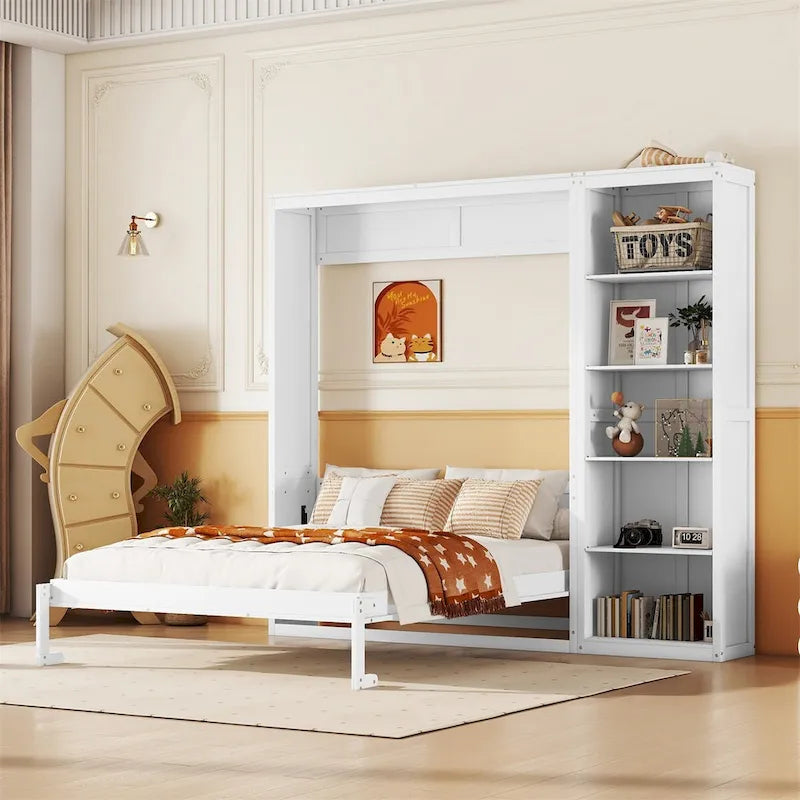 Lit mural escamotable pleine grandeur gris/blanc avec armoire et étagères – Simple