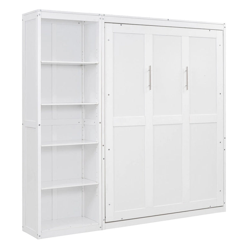 Lit mural escamotable pleine grandeur gris/blanc avec armoire et étagères – Simple