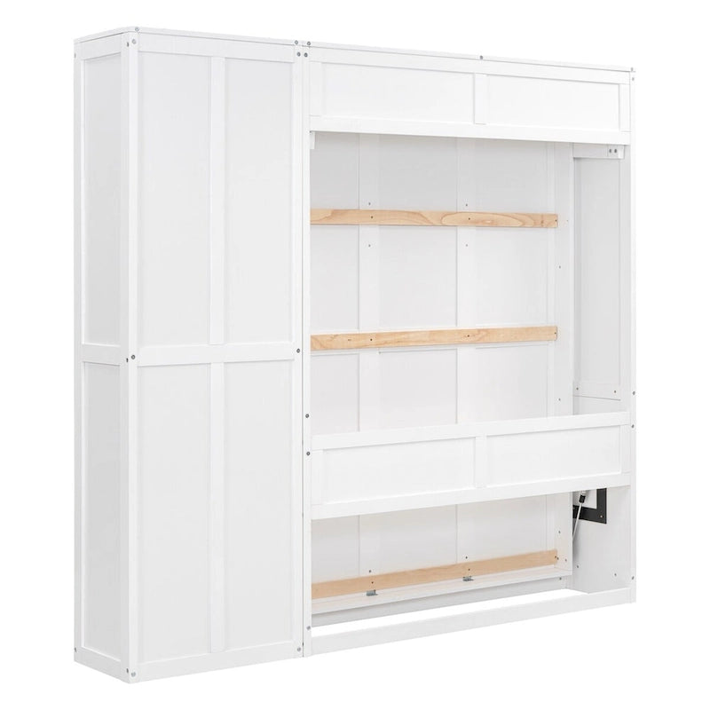 Lit mural escamotable pleine grandeur gris/blanc avec armoire et étagères – Simple