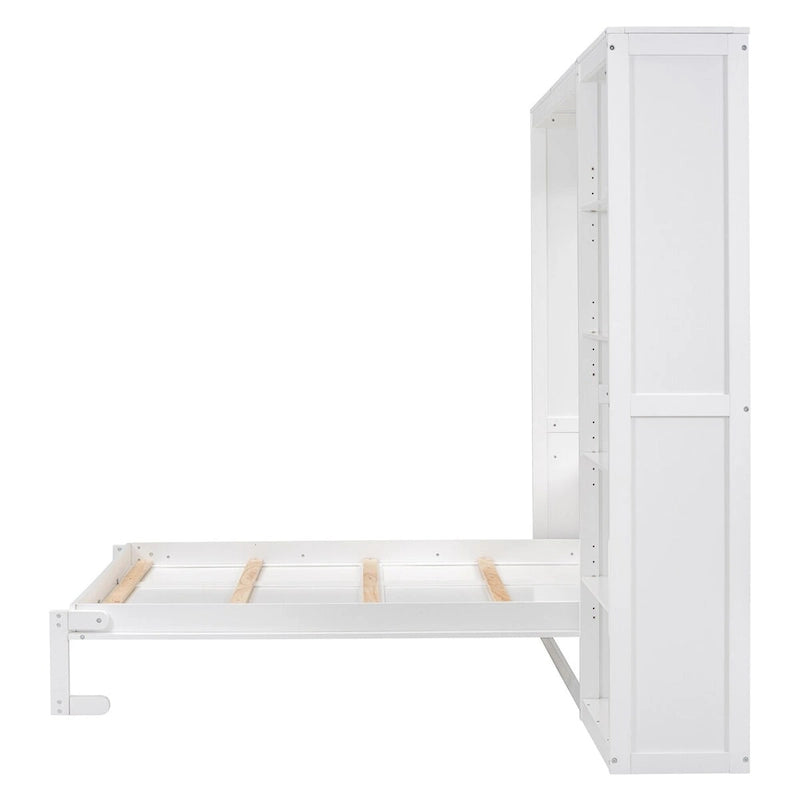 Lit mural escamotable pleine grandeur gris/blanc avec armoire et étagères – Simple