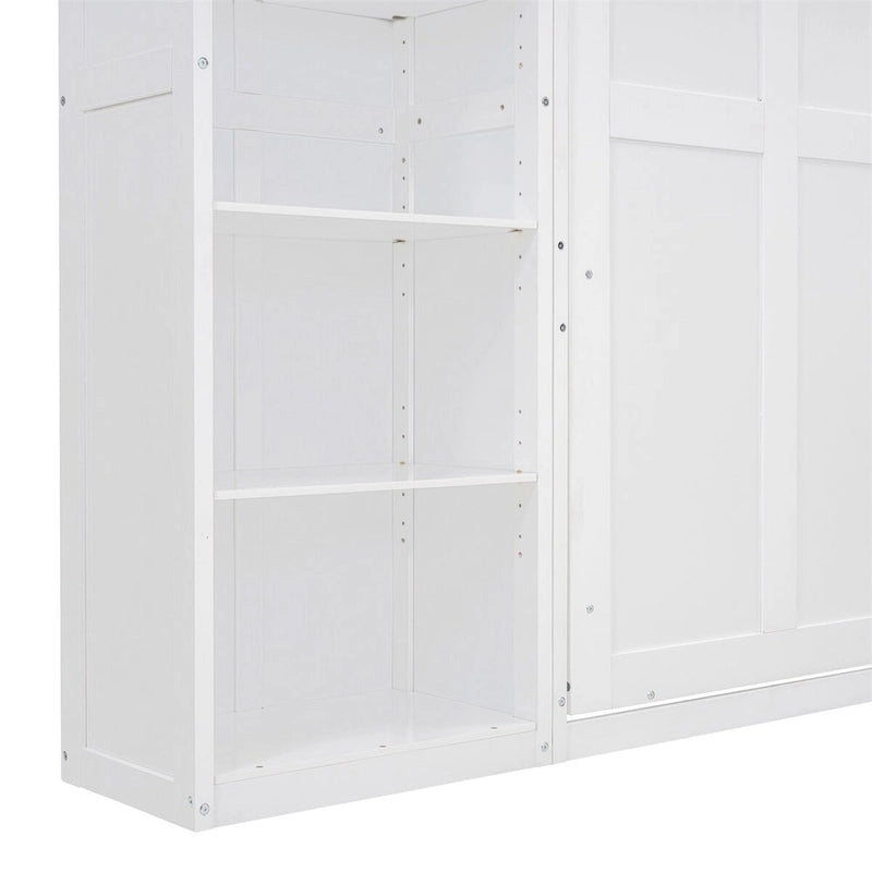 Lit mural escamotable pleine grandeur gris/blanc avec armoire et étagères – Simple