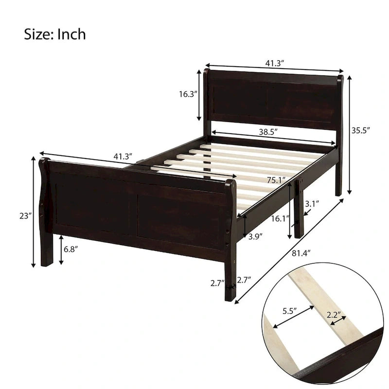 Lit plate-forme traîneau en bois massif avec tête et pied de lit et lattes en bois, coloris expresso/blanc/chêne – 1 ou 2 places