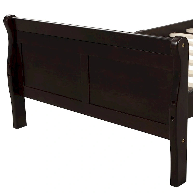 Lit plate-forme traîneau en bois massif avec tête et pied de lit et lattes en bois, coloris expresso/blanc/chêne – 1 ou 2 places
