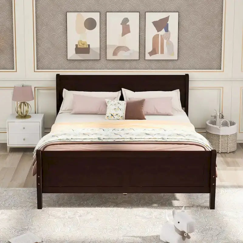 Lit plate-forme traîneau en bois massif avec tête et pied de lit et lattes en bois, coloris expresso/blanc/chêne – 1 ou 2 places