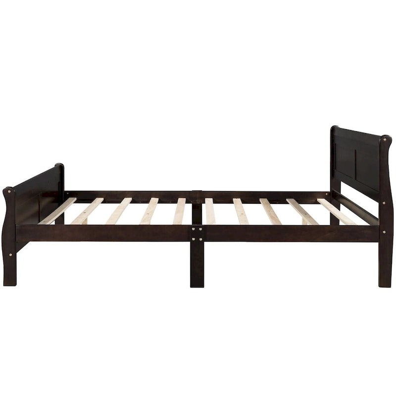 Lit plate-forme traîneau en bois massif avec tête et pied de lit et lattes en bois, coloris expresso/blanc/chêne – 1 ou 2 places