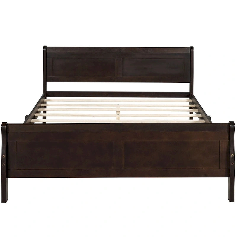 Lit plate-forme traîneau en bois massif avec tête et pied de lit et lattes en bois, coloris expresso/blanc/chêne – 1 ou 2 places