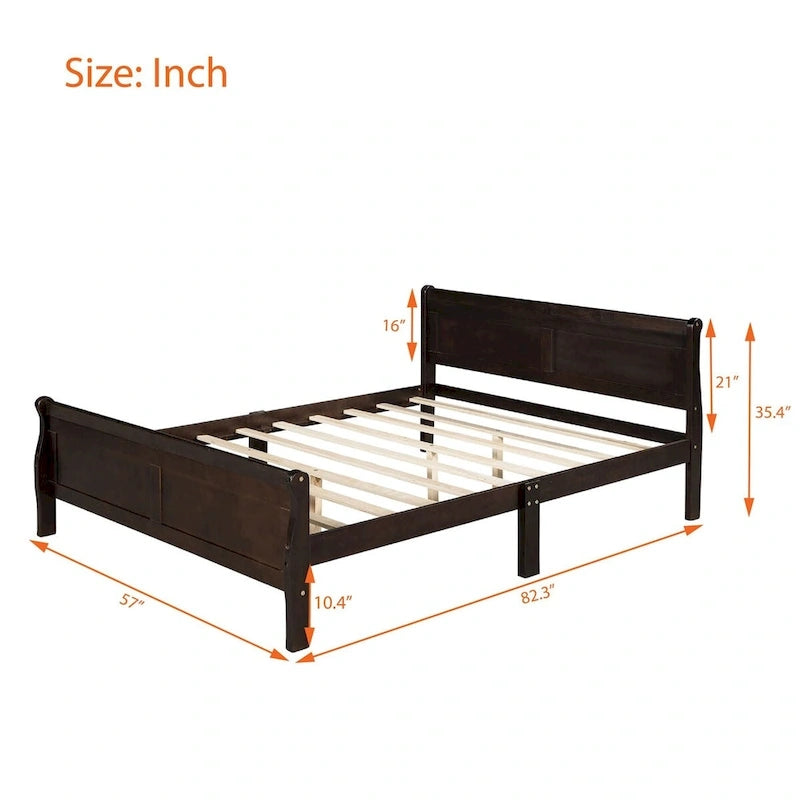 Lit plate-forme traîneau en bois massif avec tête et pied de lit et lattes en bois, coloris expresso/blanc/chêne – 1 ou 2 places
