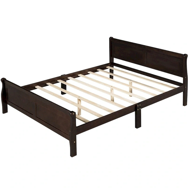 Lit plate-forme traîneau en bois massif avec tête et pied de lit et lattes en bois, coloris expresso/blanc/chêne – 1 ou 2 places