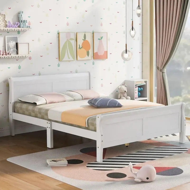 Lit plate-forme traîneau en bois massif avec tête et pied de lit et lattes en bois, coloris expresso/blanc/chêne – 1 ou 2 places