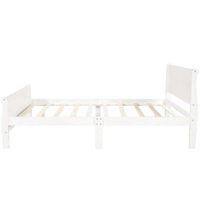 Lit plate-forme traîneau en bois massif avec tête et pied de lit et lattes en bois, coloris expresso/blanc/chêne – 1 ou 2 places