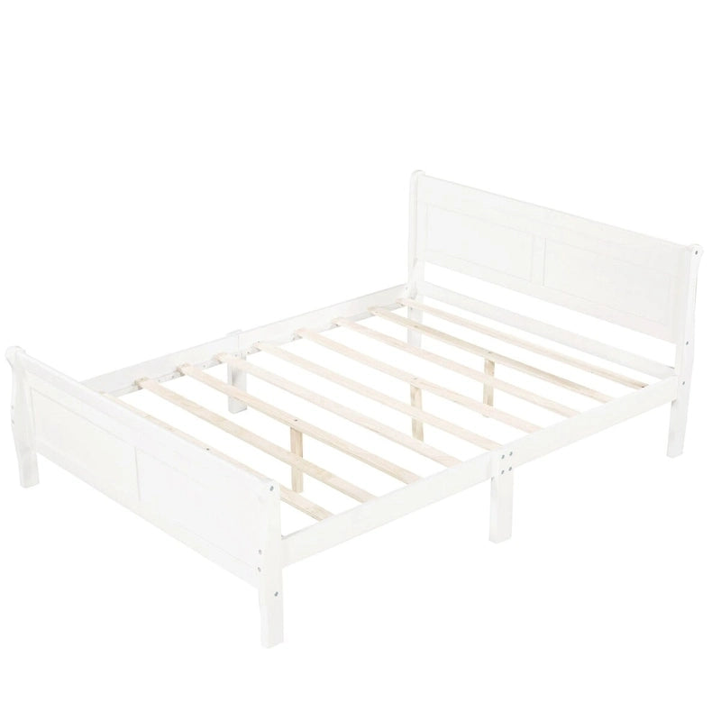 Lit plate-forme traîneau en bois massif avec tête et pied de lit et lattes en bois, coloris expresso/blanc/chêne – 1 ou 2 places