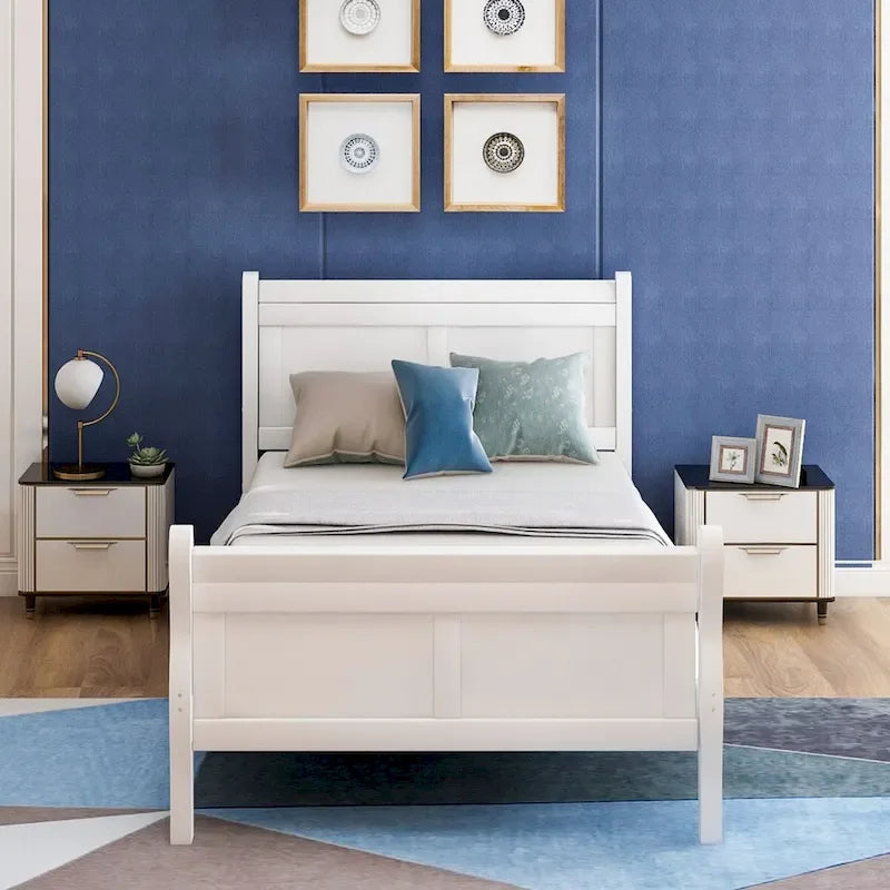 Lit plate-forme traîneau en bois massif avec tête et pied de lit et lattes en bois, coloris expresso/blanc/chêne – 1 ou 2 places
