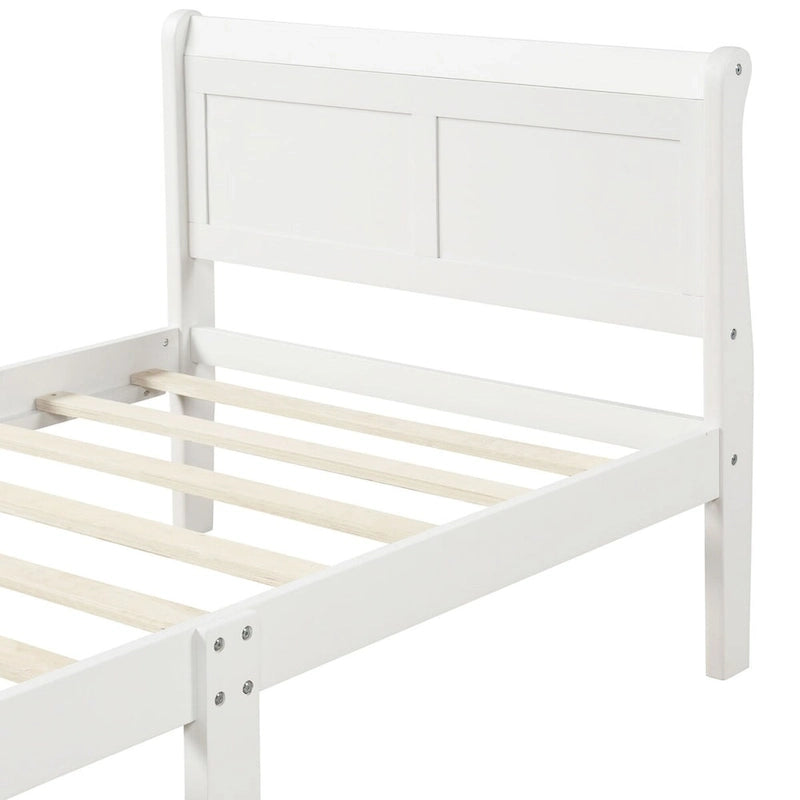 Lit plate-forme traîneau en bois massif avec tête et pied de lit et lattes en bois, coloris expresso/blanc/chêne – 1 ou 2 places