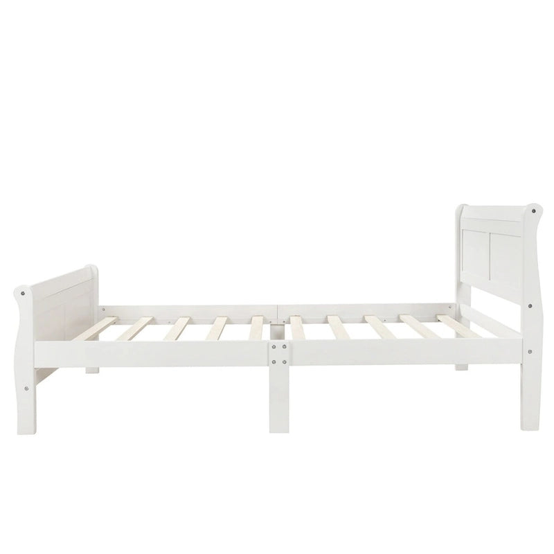 Lit plate-forme traîneau en bois massif avec tête et pied de lit et lattes en bois, coloris expresso/blanc/chêne – 1 ou 2 places