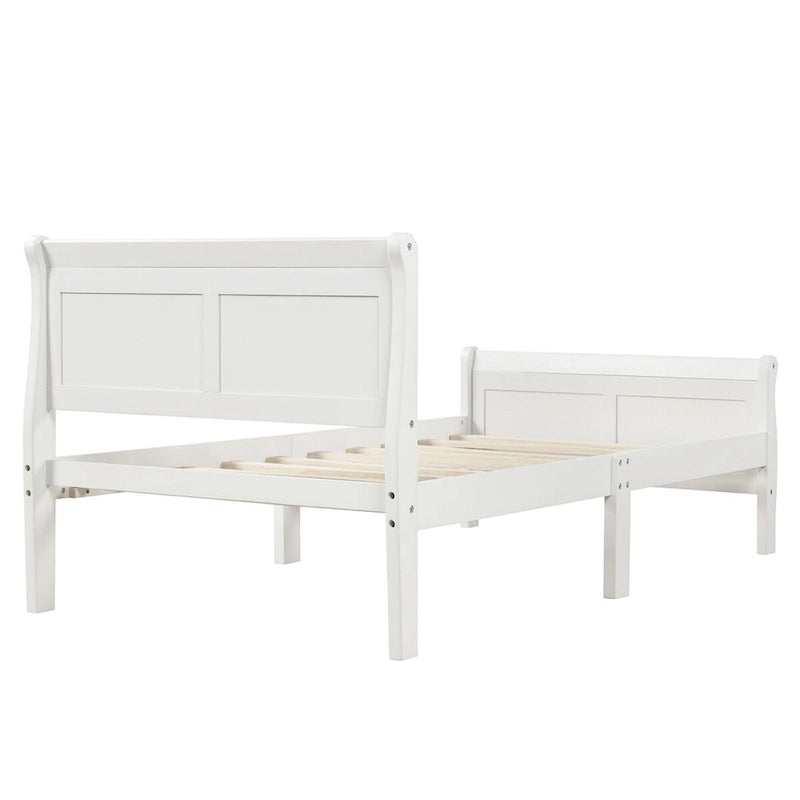 Lit plate-forme traîneau en bois massif avec tête et pied de lit et lattes en bois, coloris expresso/blanc/chêne – 1 ou 2 places