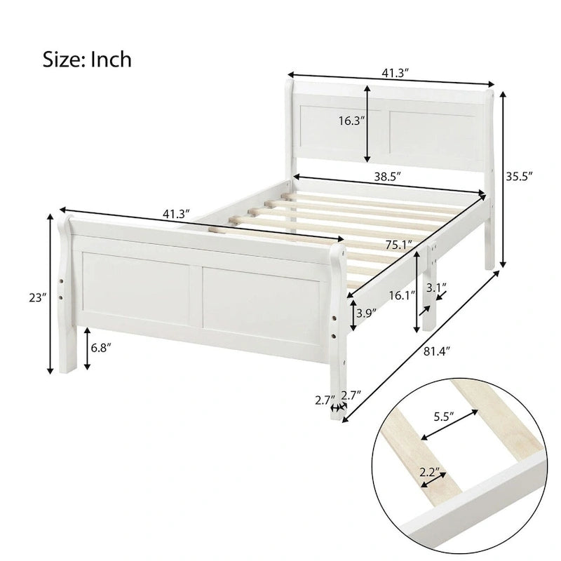 Lit plate-forme traîneau en bois massif avec tête et pied de lit et lattes en bois, coloris expresso/blanc/chêne – 1 ou 2 places