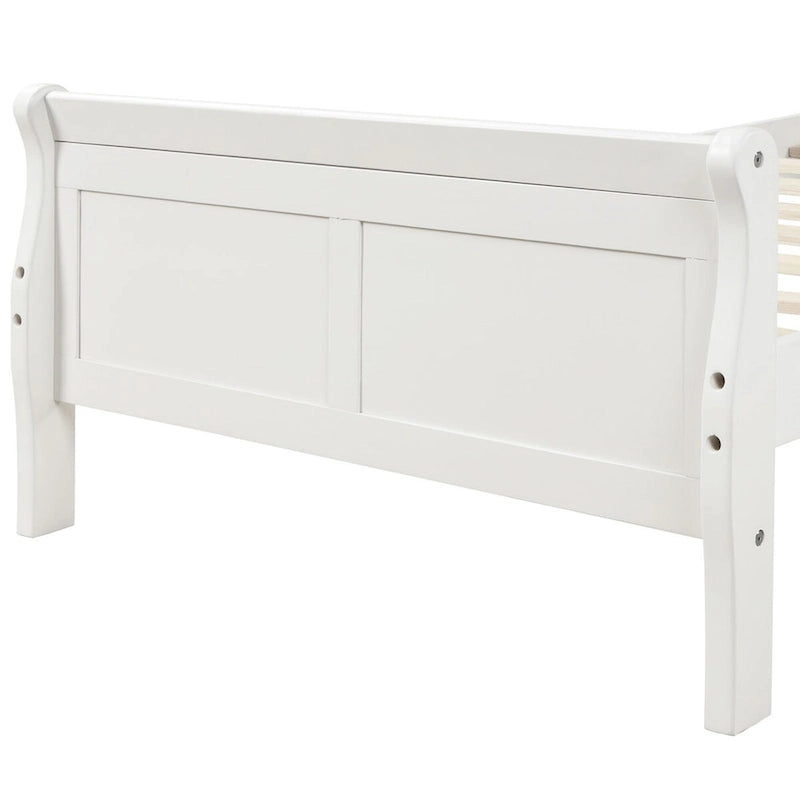 Lit plate-forme traîneau en bois massif avec tête et pied de lit et lattes en bois, coloris expresso/blanc/chêne – 1 ou 2 places
