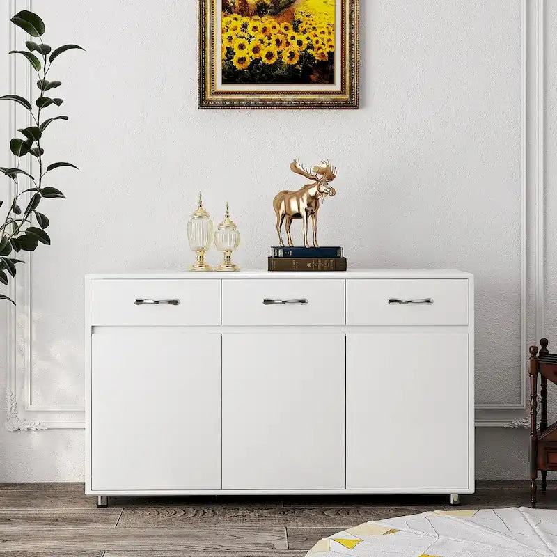 Buffet en MDF gris/blanc avec 3 tiroirs, 3 portes et pieds en tube d'acier – Individuel