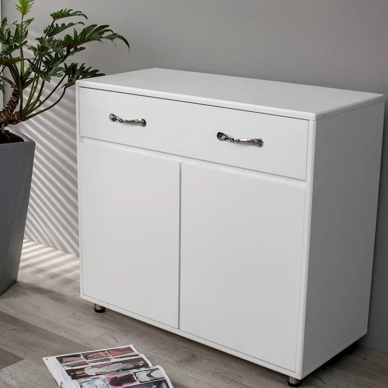 Buffet en MDF gris/blanc avec 3 tiroirs, 3 portes et pieds en tube d'acier – Individuel