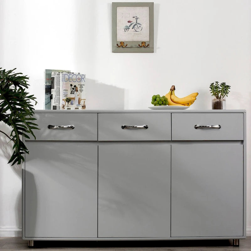 Buffet en MDF gris/blanc avec 3 tiroirs, 3 portes et pieds en tube d'acier – Individuel