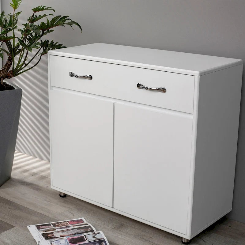 Buffet en MDF gris/blanc avec 3 tiroirs, 3 portes et pieds en tube d'acier – Individuel