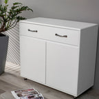 Buffet en MDF gris/blanc avec 3 tiroirs, 3 portes et pieds en tube d'acier – Individuel