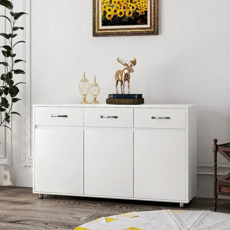 Buffet en MDF gris/blanc avec 3 tiroirs, 3 portes et pieds en tube d'acier – Individuel